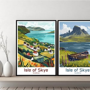 Isla de Skye Viejo de Storr Escocia Cartel Impresión de viaje Isla Skye Lienzo Cartel Paisaje urbano Diseñador Pared Escocia Retro Ilustración de regalo