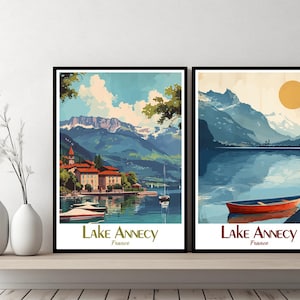 Lake Annecy France Poster Travel France Lake Annecy Print Canvas Poster Cityscape Wall Art Designer Wall Posters Lake Annecy Illustration