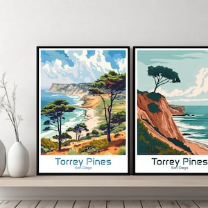 Póster de Torrey Pines, California, impresión de viaje, San Diego, Torrey Pines, lienzo, póster de pared, paisaje urbano, regalo de diseñador, ilustración de California, decoración.