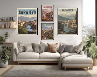 Vintage Travel Poster Of Sarajevo Bosnia Retro Minimal Wall Art Balkan City Print Mountain Landscape Minimalist Decor