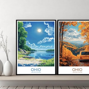 Ohio Poster Travel Print Ohio Landscape Columbus Cincinnati United States Canvas Wall Poster Cityscape Designer USA Gift Illustration Decor