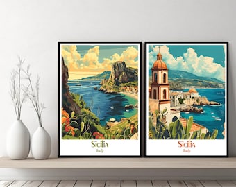 Sicilia Italy Poster Travel Italy Sicilia Print Canvas Poster Cityscape Wall Art Designer Wall Posters Sicilia Illustration