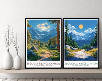 Parques Nacionais Sequoia e Kings Canyon, Califórnia, pôster, impressão de viagem, tela, pôster de parede, paisagem urbana, presente de designer, EUA, ilustração, decoração