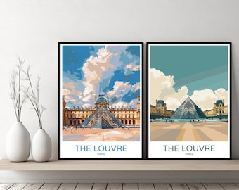 Louvre Paris France Poster Travel Print Paris Louvre Eiffel Tower Canvas Wall Poster Cityscape Designer Gift France Illustration Decor