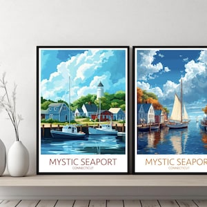 Mystic Seaport Connecticut Poster Travel Print Museum Mystic United States Canvas Wall Poster Cityscape Designer Gift USA Illustration Decor
