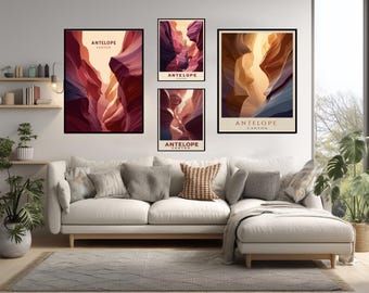 Poster di viaggio vintage di Antelope Canyon, USA, arte murale minimalista retrò, curve di arenaria del deserto