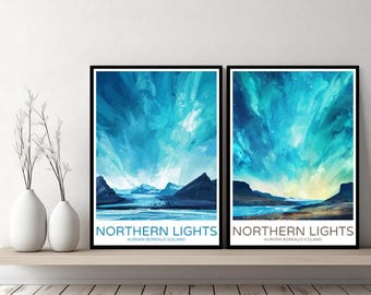 Northern Lights Aurora Borealis Poster Travel Print Northern Lights Canvas Wall Poster Cityscape Designer Gift Iceland Illustration Decor