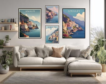 Poster di viaggio vintage della Costiera Amalfitana, Italia, arte murale minimalista retrò, scogliere sul mare mediterraneo