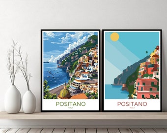 Positano Italy Poster Travel Print Positano Salerno Campania Amalfi Coast Canvas Wall Poster Cityscape Designer Gift Italy Illustration