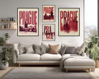 Typographic Poster Of Prague Czech Republic Retro Modern Wall Art Red Cream Design Charles Bridge Print