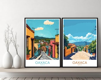 Pôster de viagem em Oaxaca, México, Oaxaca de Juárez, pôster de parede em tela, paisagem urbana, designer, ilustração retrô, decoração, México