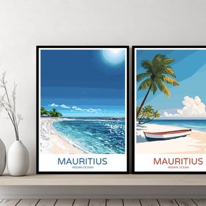 Mauricio Océano Índico Cartel Viaje Impresión Mauricio Playa Mar Lienzo Pared Cartel Paisaje Urbano Diseñador Retro Océano Índico Ilustración Decoración