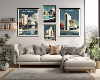 Impression d'affiche de voyage de Hot Springs Arkansas, art mural art déco du parc national, décoration rétro des États-Unis, cadeau géométrique pour bains publics, minimaliste vintage