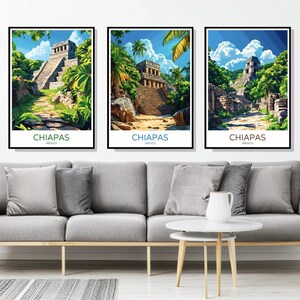 May include: Three framed prints with a jungle scene and ancient ruins. Each print features the text "CHIAPAS MEXICO" at the bottom.