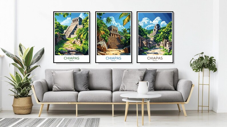 May include: Three framed prints with a jungle scene and ancient ruins. Each print features the text "CHIAPAS MEXICO" at the bottom.