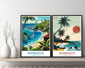 Poster di viaggio dell'isola caraibica di Barbados, stampa su tela, poster da parete di paesaggi urbani, regalo di design, illustrazione caraibica, decorazione