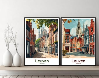Leuven, Bélgica, pôster de viagem, impressão, Bélgica, Leuven, tela, pôster, paisagem urbana, arte, designer, parede, Bélgica, retro, presente, ilustração