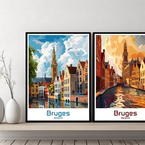 Affiche Bruges Belgique Voyage Impression Belgique Affiche Bruges Bruges Paysage urbain Art Designer Mur Belgique Cadeau rétro Illustration