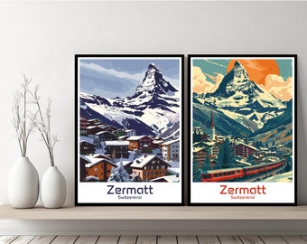 Zermatt Matterhorn Poster Travel Print Switzerland Zermatt Canvas Poster Cityscape Art Designer Wall Switzerland Retro Gift Illustration