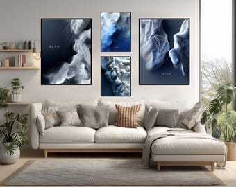 Alps Abstract Geometric Poster Modern Topographic Mountain Map Art Blue Silver Gradient Wall Print Elegant Minimal Travel Design