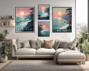 Poster della costa di Big Sur, California, arte moderna, stampa costiera, decorazione da parete, minimalista, regalo per la casa e l'ufficio.