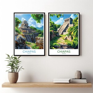 May include: Two framed prints of a jungle scene with a Mayan temple in the background. The text on the prints reads "CHIAPAS MEXICO".