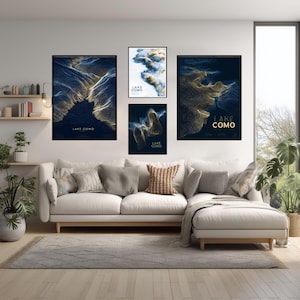 Comer See Abstrakte Karte Poster Moderne Geometrie Landschaft Wand Kunst Elegant Blau und Gold Reise Druck Italien Daten inspirierte Dekoration