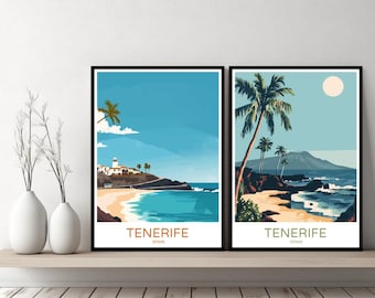 Pode incluir: Dois cartazes de viagem coloridos com o texto "TENERIFE ESPANHA" na parte inferior. O cartaz da esquerda mostra uma cena de praia com um farol e palmeiras. O cartaz da direita mostra uma cena de praia com palmeiras e uma montanha ao fundo.