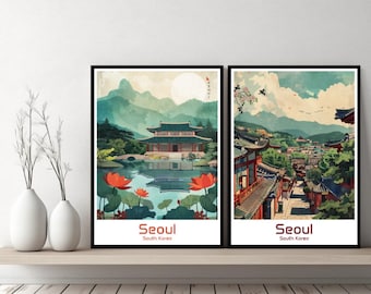 Seoul South Korea Poster Travel Print Seoul South Korea Canvas Poster Cityscape Designer Wall Art Adventure Retro Gift Illustration Decor
