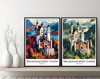 Neuschwanstein Castle Germany Poster Travel Print Neuschwanstein Canvas Poster Cityscape Art Designer Wall Germany Retro Gift Illustration