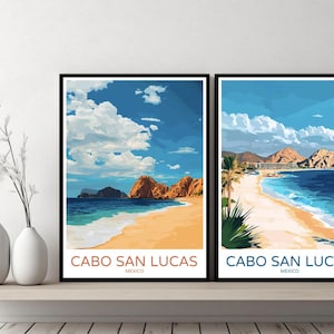 Cabo San Lucas Mexico Poster Travel Print Cabo Baja California Beach Canvas Wall Poster Cityscape Designer Retro Mexico Illustration Decor