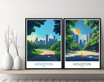 Affiche de Houston, Texas, impression numérique, ville de Houston, Texas, États-Unis, affiche d'art mural sur toile, cadeau de designer, paysage urbain, illustration, décoration de chambre