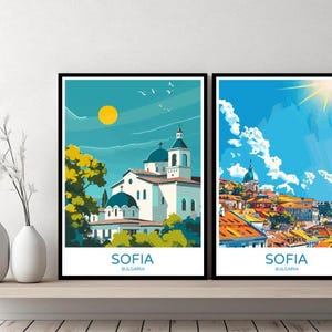 May include: Two colorful illustrations of Sofia, Bulgaria. The first image shows a church with a blue sky and a yellow sun. The second image shows a cityscape with a blue sky and white clouds.