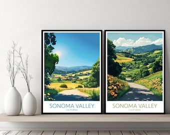 Pôster de viagem do Vale de Sonoma, Califórnia, impressão de viagem, Vale de Sonoma, São Francisco, pôster de parede em tela, paisagem urbana, presente de designer, EUA, ilustração, decoração