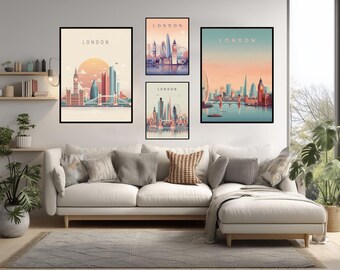 Poster di viaggio ultramoderno di Londra, illustrazione futuristica e minimalista della città vibrante con il Big Ben, il Tower Bridge e il London Eye