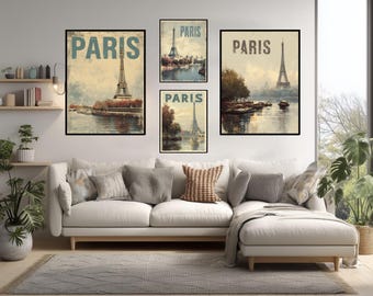Vintage Paris Travel Poster With Eiffel Tower And Seine River In Romantic Retro Minimal Modern Style Wall Art Print