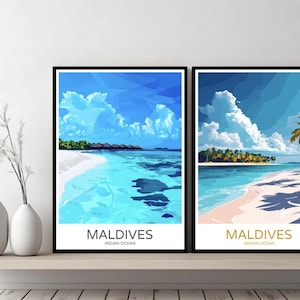 Póster de viaje del océano Índico de Maldivas, impresión en lienzo de playa de Maldivas, póster de pared con paisaje urbano, ilustración retro del océano Índico
