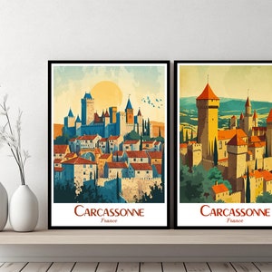 Carcassonne Frankreich Poster Reise Frankreich Carcassonne Schloss Druck Leinwand Poster Stadtbild Wandkunst Designer Wandposter Frankreich Illustration