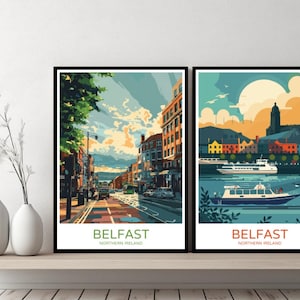 Belfast Northern Ireland Poster Travel Print Northern Ireland Belfast Canvas Wall Poster Cityscape Designer Retro Ireland Illustration Decor