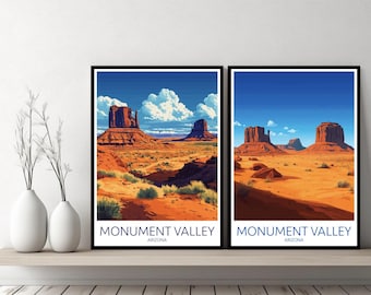 Póster de viaje de Monument Valley, Arizona, impresión de Monument Valley, paisaje desértico, lienzo, arte de pared, diseñador, regalo, ilustración digital de EE. UU., decoración