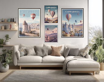 Poster di viaggio vintage della Cappadocia, Turchia, arte murale minimalista retrò, mongolfiere, camini delle fate
