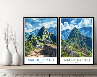 May include: Two framed art prints of Machu Picchu, Peru, with a blue and green color palette. The prints feature the mountain landscape with the text "Machu Picchu" and "Peru" at the bottom. The prints are displayed on a wooden shelf.