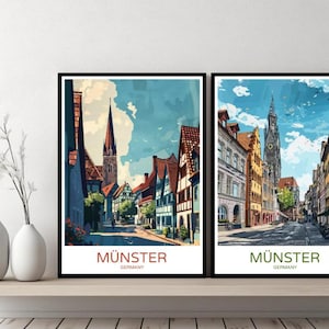 Münster Germany Poster Travel Print Münster North Rhine-Westphalia Canvas Wall Poster Cityscape Designer Gift Germany Illustration Decor
