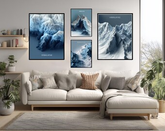 Himalayas Abstract Map Poster Blue Silver Topographic Lines Minimal Modern Mountain Wall Art Geometric Design Elegant Print