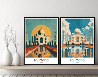 Taj Mahal, India, poster da viaggio, stampa India, Taj Mahal, tela, poster da parete, paesaggio urbano, design retrò, decorazione illustrata indiana, regalo