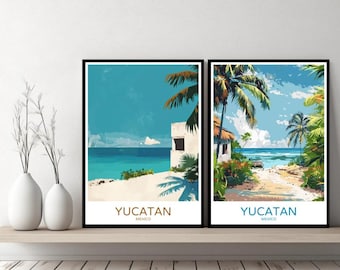 Halbinsel Yucatan Mexiko Poster Reisedruck Mexiko Yucatan Strand Leinwand Wandposter Stadtbild Designer Retro Mexiko Illustration Dekor