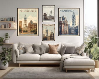 Vintage Philadelphia Travel Poster With Liberty Bell And Independence Hall In Modern Minimal Style Wall Art Print Retro Home Decor