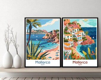 Mallorca Spain Poster Travel Print Spain Mallorca Canvas Poster Cityscape Designer Wall Spain Retro Gift Illustration