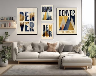 Denver Colorado Typographic Travel Poster Modern Mountain Skyline Wall Art Geometric Bold Design Navy Gold Beige Minimal Decor