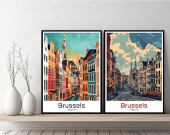 Brussels Belgium Poster Travel Print Belgium Brussels Canvas Poster Cityscape Art Designer Wall Belgium Retro Gift Illustration